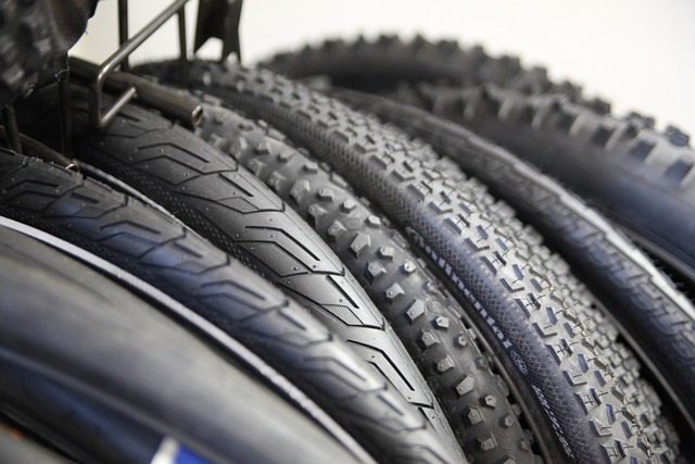 Close-up of various bicycle tires with different tread patterns