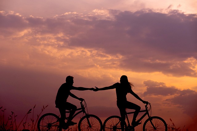 Silhouettes of two cyclists holding hands during a sunset