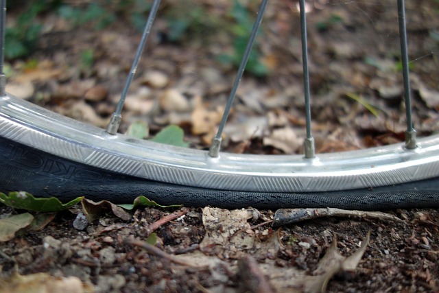 A flat bicycle tire resting on the ground